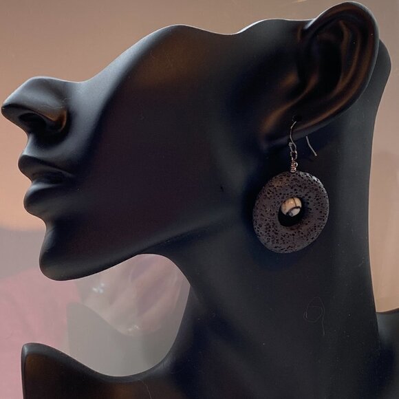 Black Lava & Spider Web Jasper Donut Earrings - Picture 2 of 10